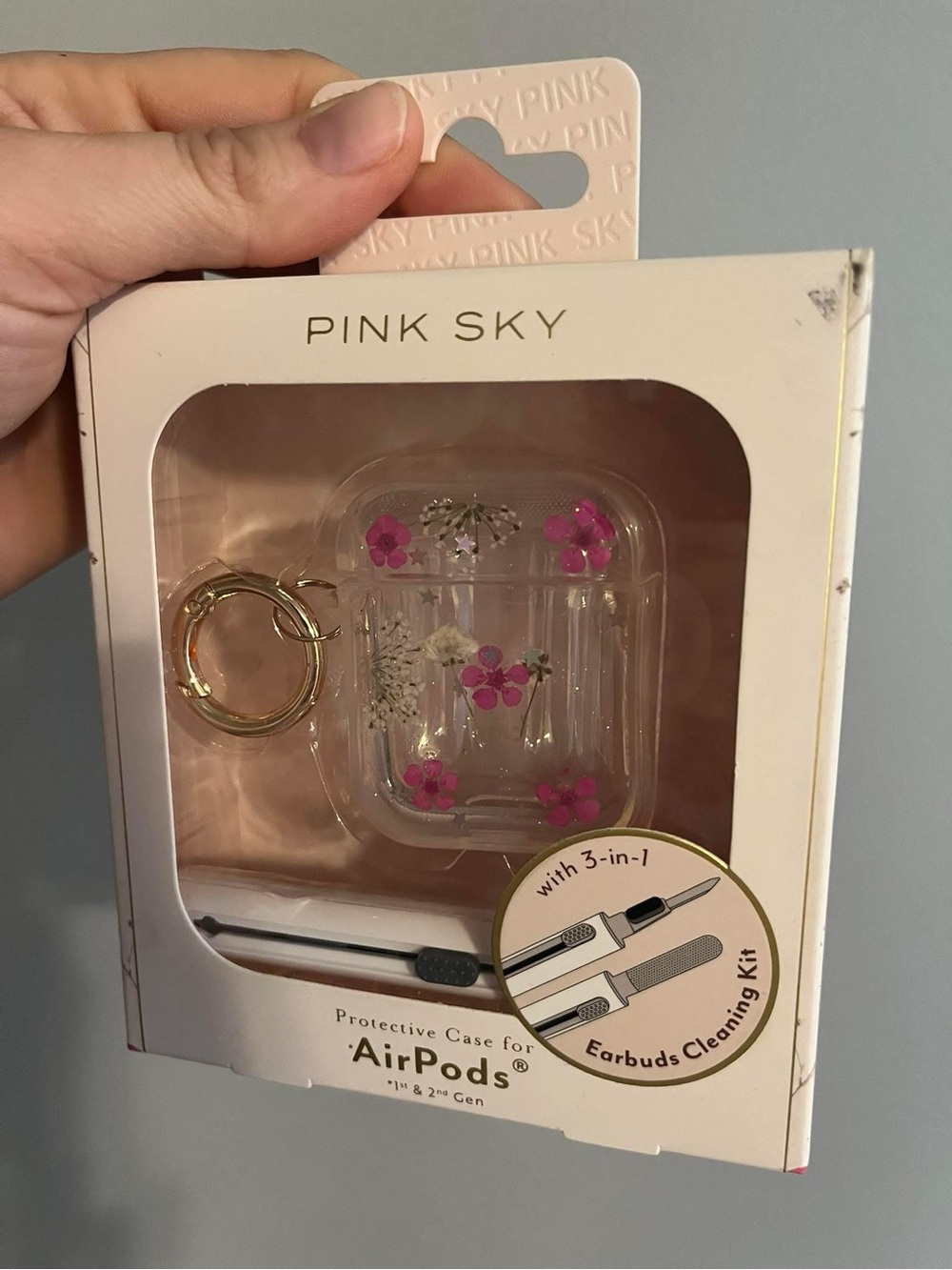 PINK SKY Clear Floral AirPods Case with Gold Keyring - Pink